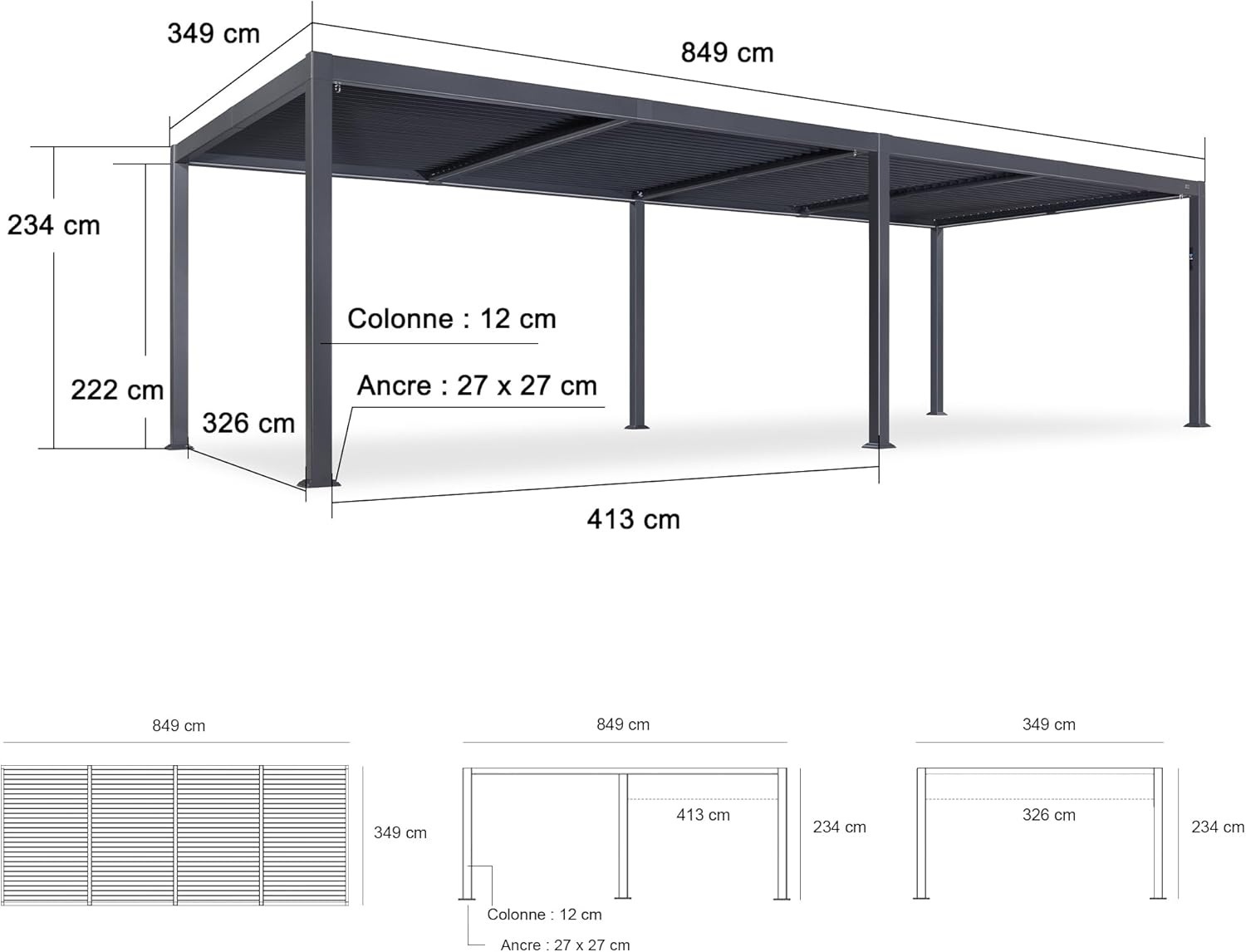 PURPLE LEAF Pergola Bioclimatique Toit à Lames avec Bande Lumineuse LED pour Terrasse Jardin, Gris
