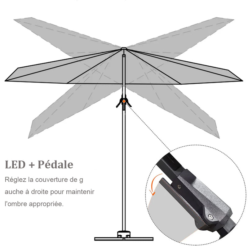 PURPLE LEAF Parasol Déporté avec LED Solaire 3 x 3 m Carré, Parasol De Jardin Extérieur Inclinable Toile Protection UV