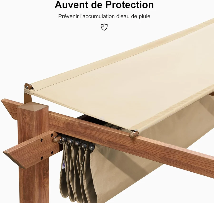PURPLE LEAF Pergola Rétractable Extérieure Effet Bois en Métal avec Auvent Pare-Soleil pour Jardin Patio Porche Pavillon Avec Guirlandes Lumineuses Transparentes