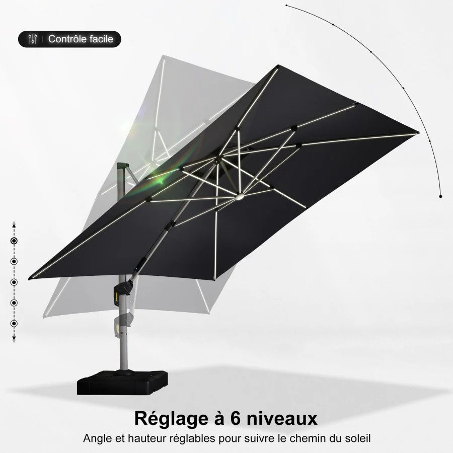 PURPLE LEAF Parasol Déporté avec LED Solaire de Jardin à Double Toit Carré avec socle
