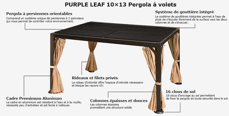 PURPLE LEAF 10' × 13' Pergola à persiennes pour patio Gazebo en aluminium réglable Pergola résistante aux intempéries avec rideaux et filet