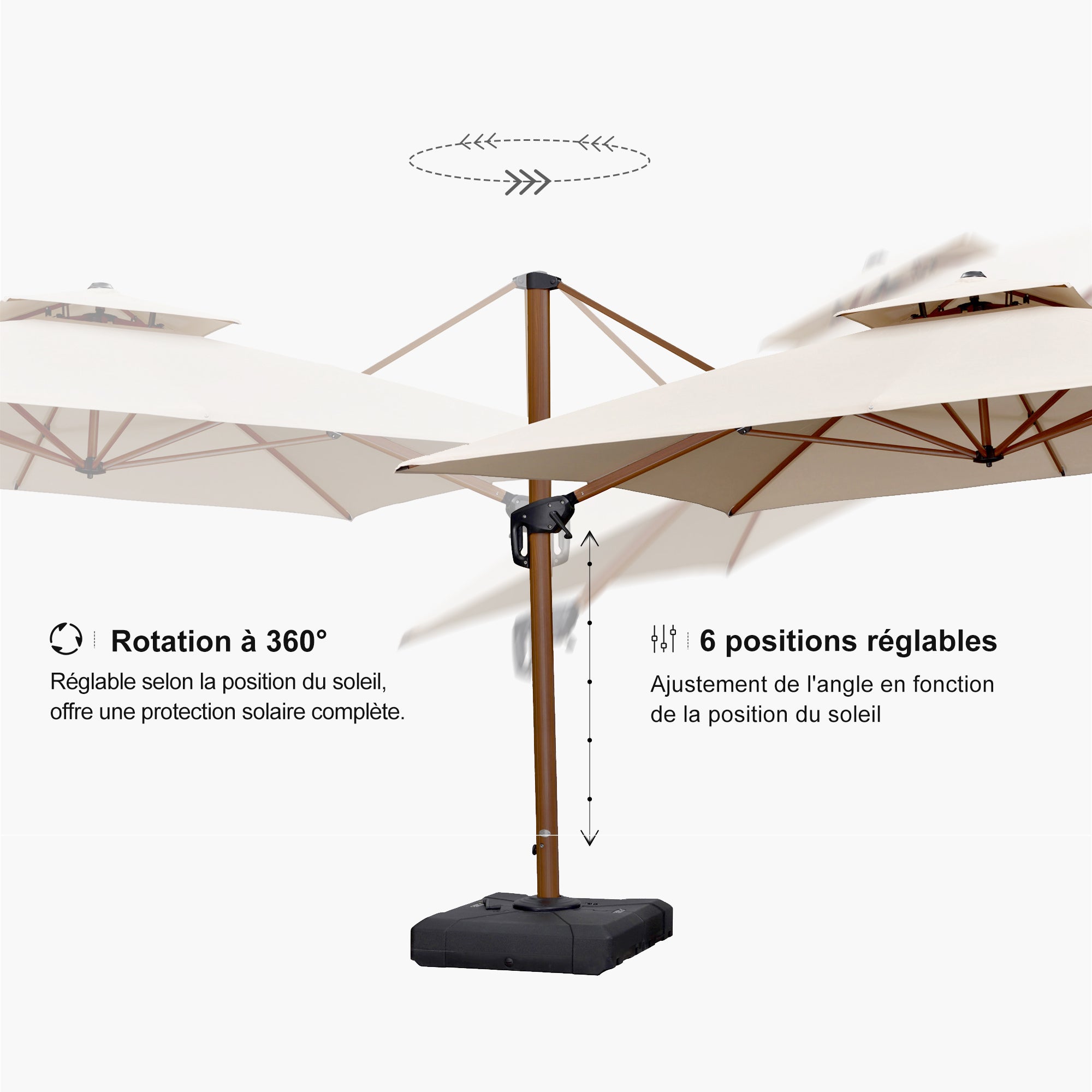 PURPLE LEAF Parasol Déporté Rectanglulaire Grain de Bois en Aluminium avec socle