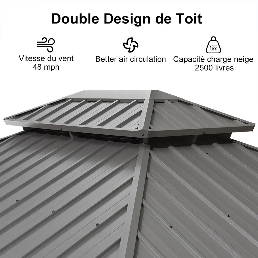 PURPLE LEAF Tonnelle de Terrasse et de Jardin, Toit Rigide en Acier Galvanisé, Conception de Gouttière avec Guirlandes Lumineuses Transparentes, Gris Clair