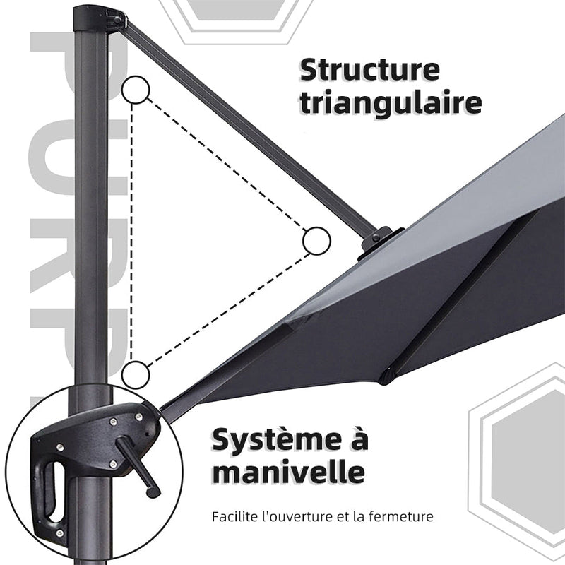 PURPLE LEAF Parasol De Jardin Exterieur Parasol Deporte Rotatif 360°, Parasol Excentré Inclinable, Parasol Suspendu Balcon, avec socle