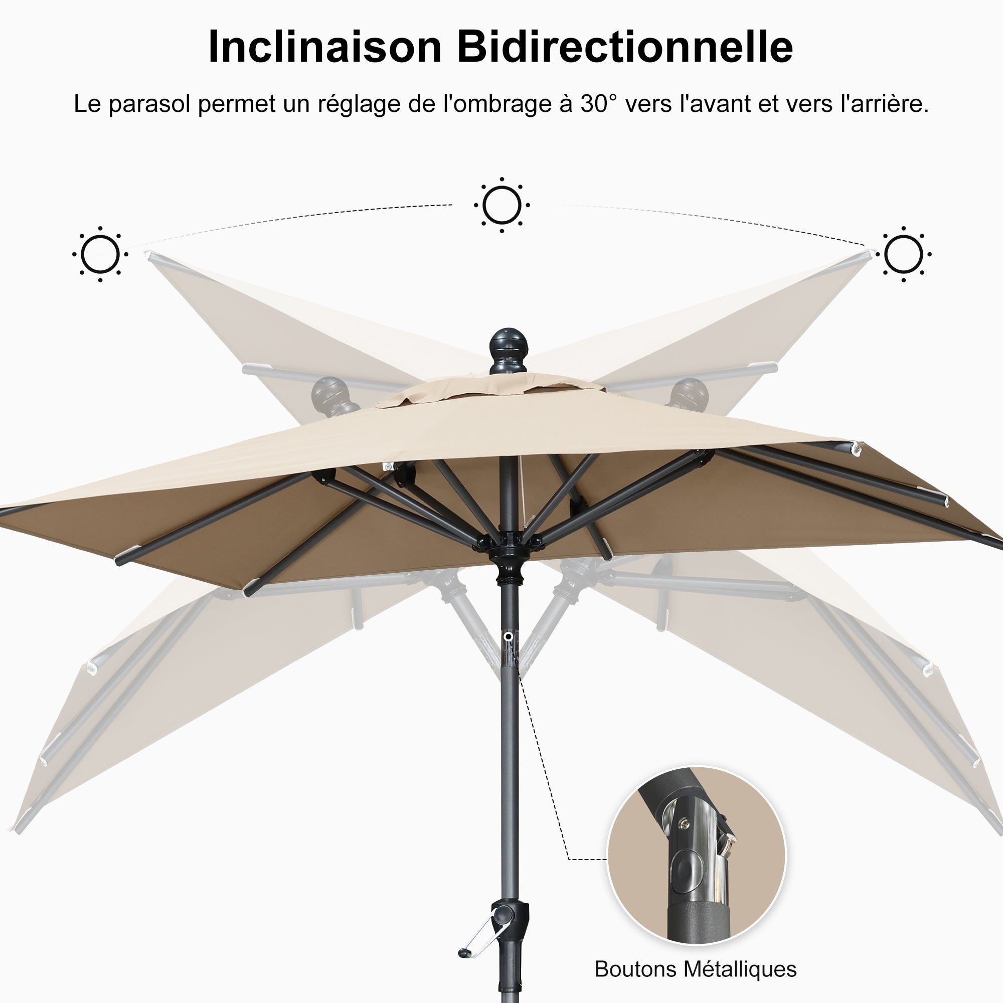 PURPLE LEAF Parasol inclinable en aluminium à mât droit, Carré, Rectangulaire et Rond, Avec Socle