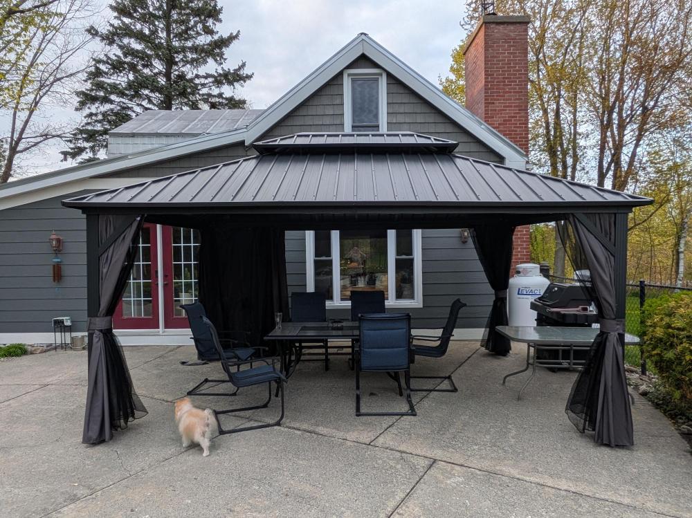 PURPLE LEAF Tonnelle de Jardin Gamme Raffinée Gris Anthracite - Pavillon Toit Rigide Double Anti-Vent avec Rideaux & Moustiquaire