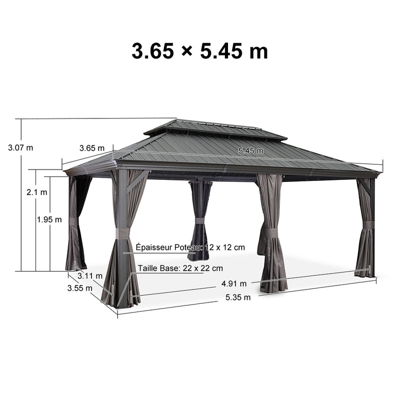 PURPLE LEAF Tonnelle De Jardin Exterieur Tonnelle Aluminum Avec Moustiquaire Et Rideaux Pavillon De Jardin à Double Toit Acier Galvanisé, Gris