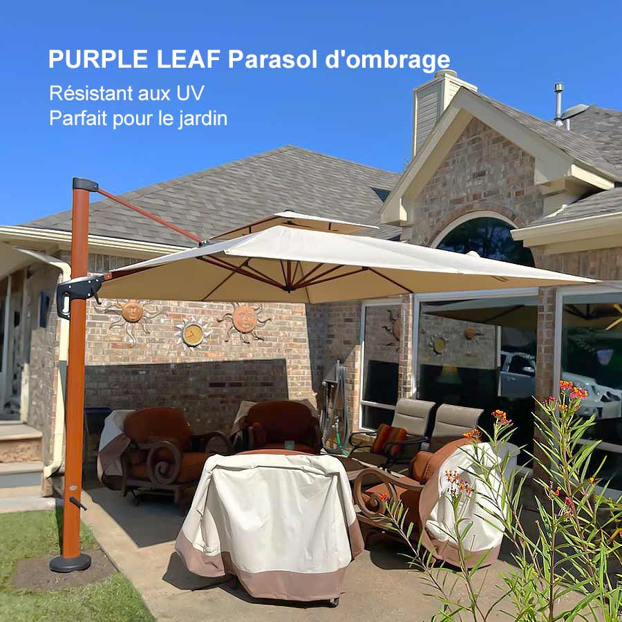 PURPLE LEAF Parasol Rectangulaire Grain de Bois en Aluminium Parasol De Jardin Extérieur Toit à Double Rotatif 360°