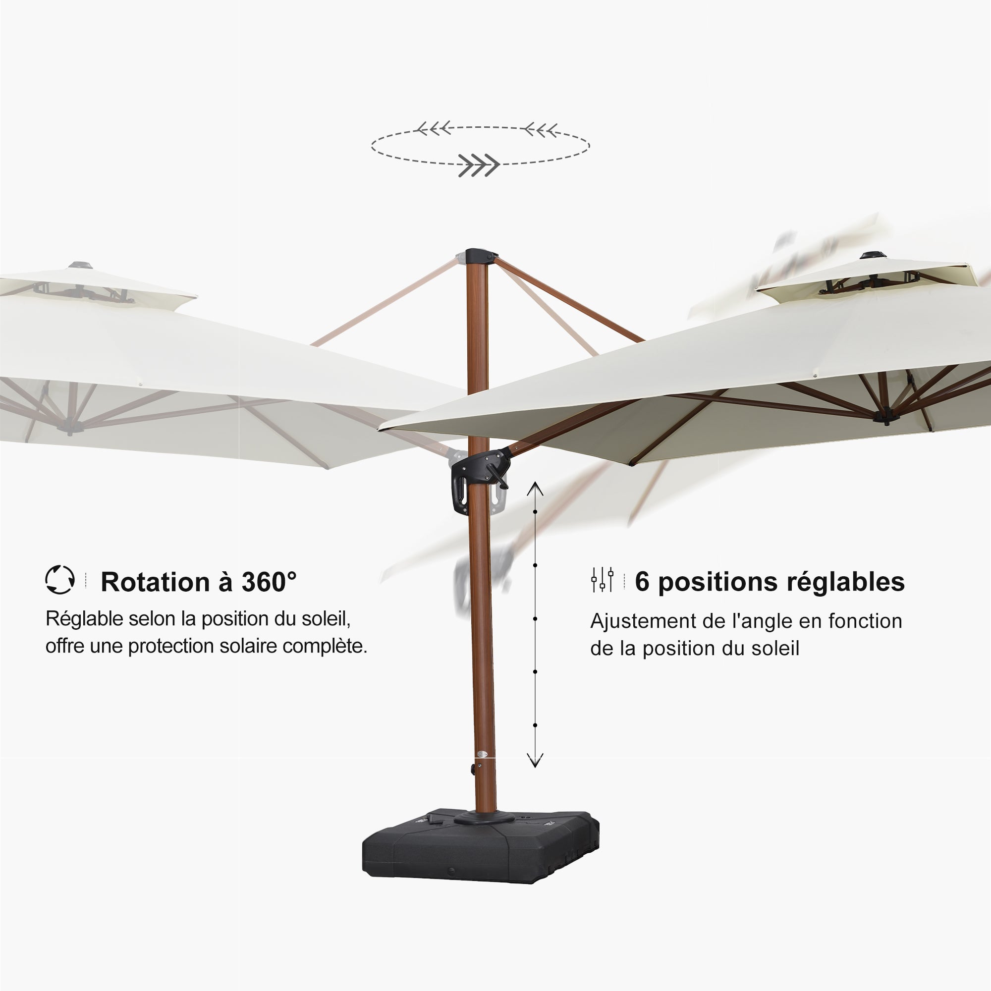 PURPLE LEAF Parasol Déporté Rectanglulaire Grain de Bois en Aluminium avec socle