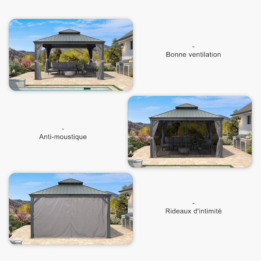 PURPLE LEAF Tonnelle De Jardin Exterieur Tonnelle Aluminum Avec Moustiquaire Et Rideaux Pavillon De Jardin à Double Toit Acier Galvanisé, Gris