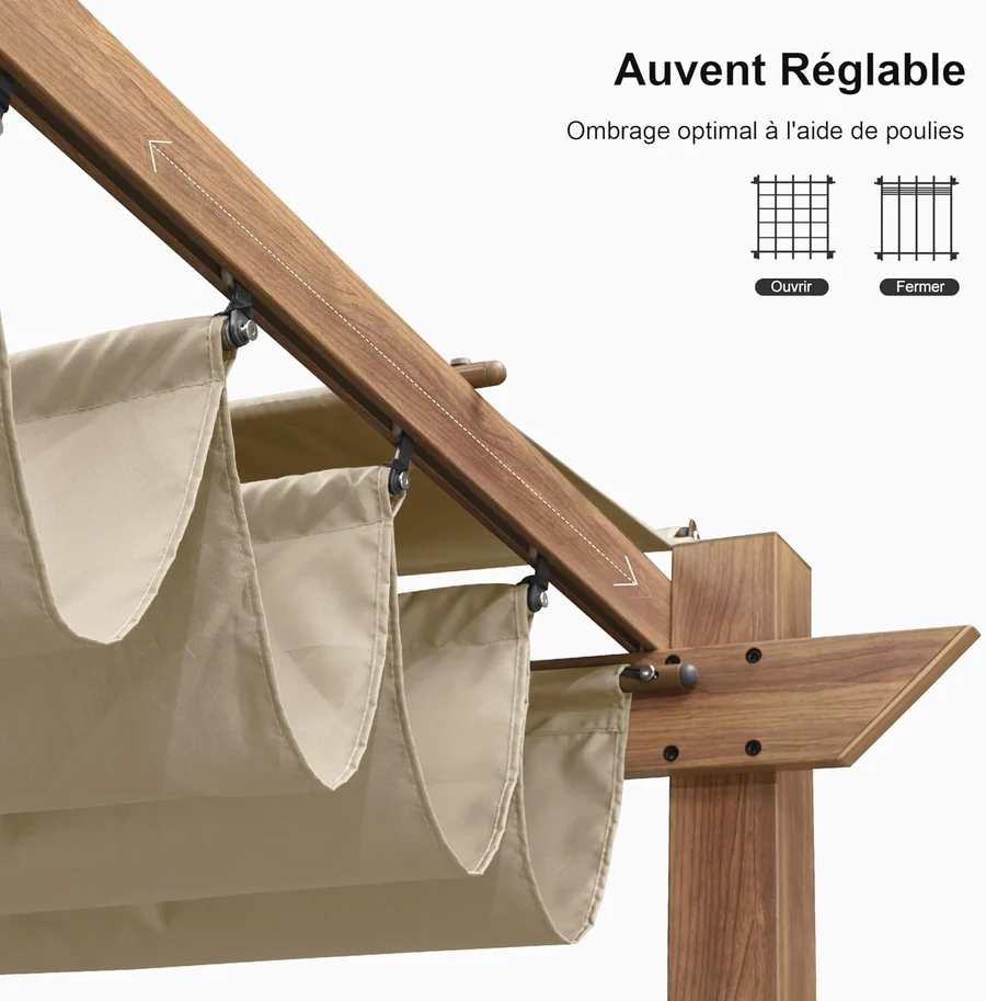 PURPLE LEAF Pergola Rétractable Extérieure Effet Bois en Métal avec Auvent Pare-Soleil pour Jardin Patio Porche Pavillon Avec Guirlandes Lumineuses Transparentes