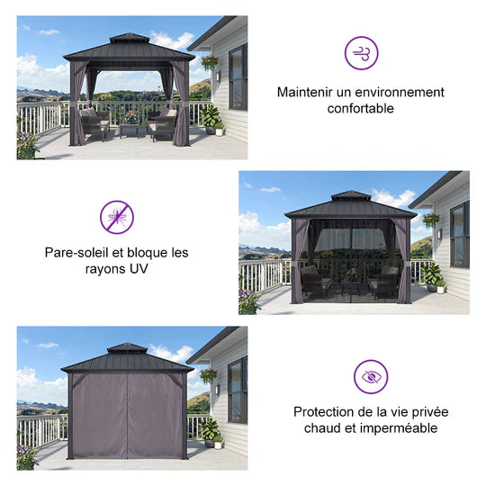 PURPLE LEAF Tonnelle Rigide Gris Modèle Léger Toit Double Robuste Acier Galvanisé Pergola Aluminium Avec Guirlandes Lumineuses Lait