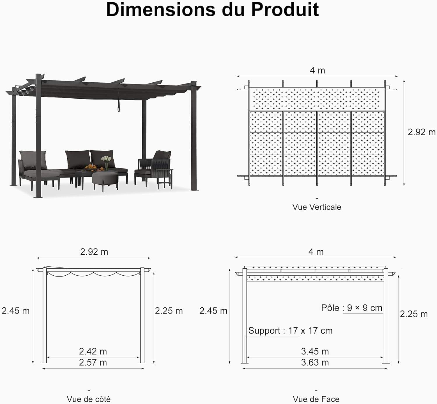 PURPLE LEAF Pergola rétractable extérieure avec abri de pergola en aluminium pour terrasse pare-soleil auvent pour terrasse d'arrière-cour