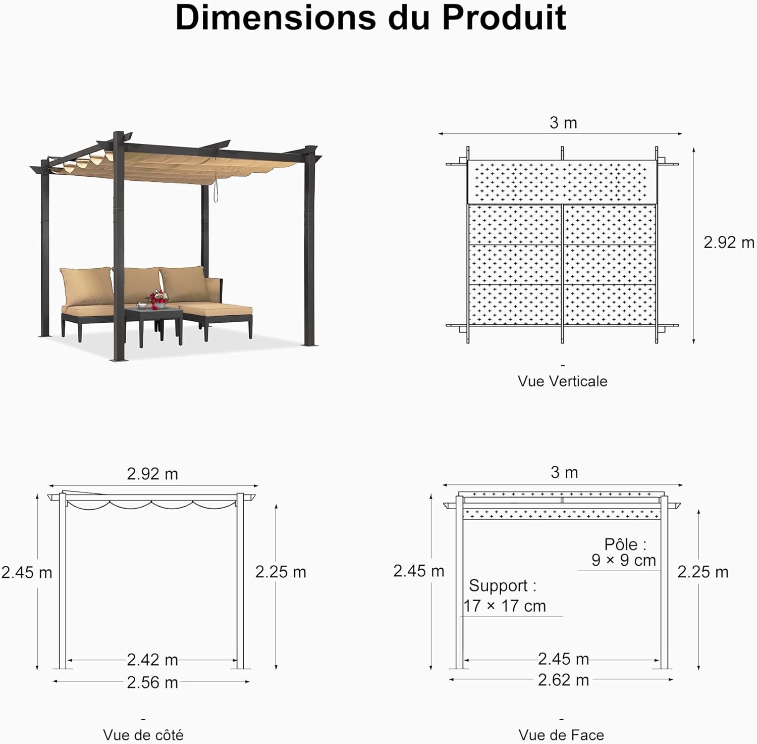 PURPLE LEAF Pergola rétractable extérieure avec abri de pergola en aluminium pour terrasse pare-soleil auvent pour terrasse d'arrière-cour