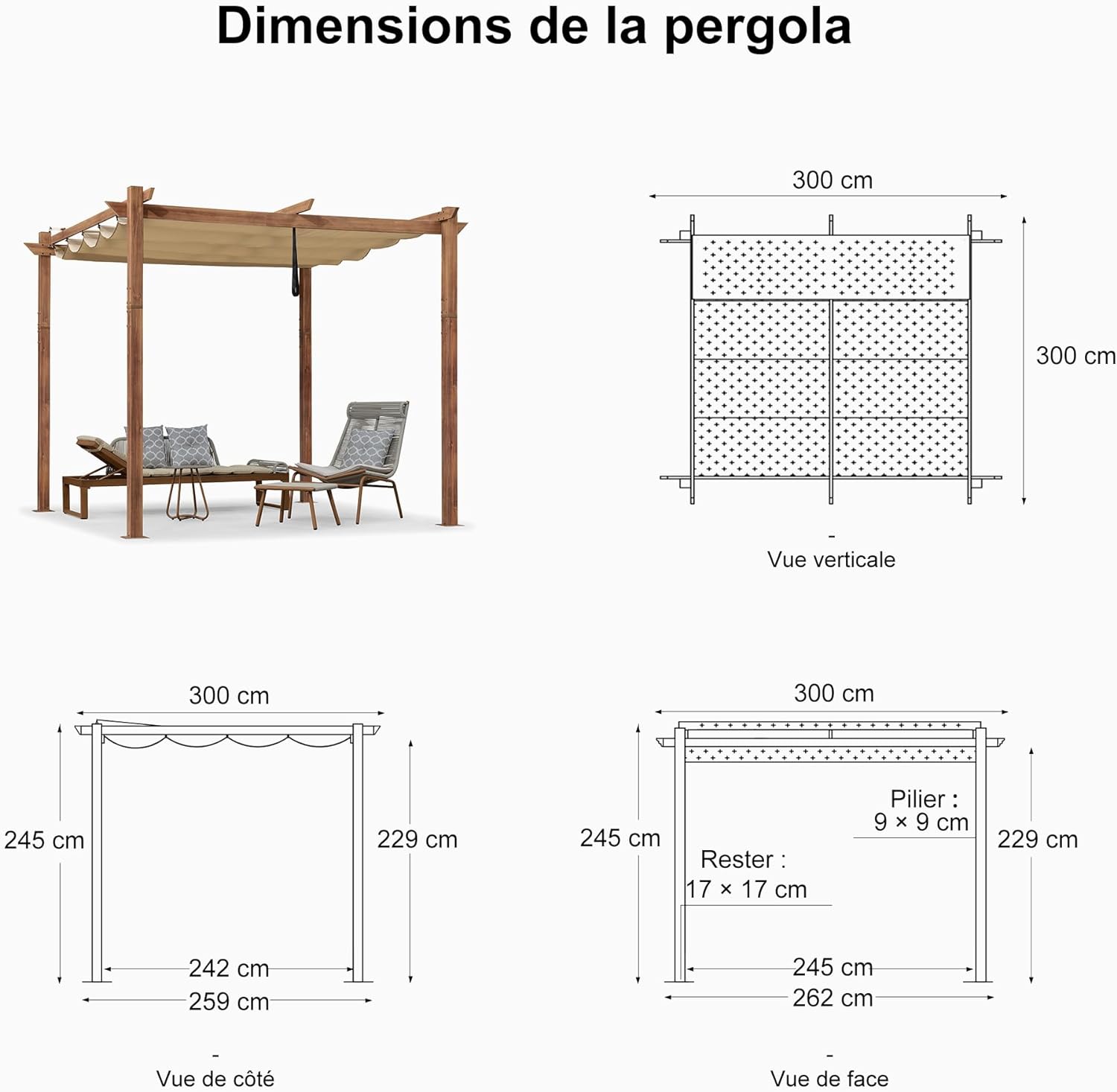 PURPLE LEAF Pergola rétractable extérieure avec pare-soleil auvent abri en métal pour patio de jardin porche pavillon de plage