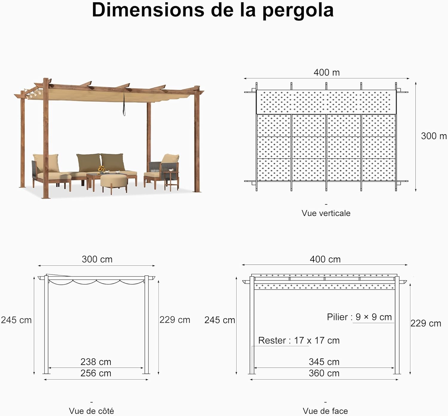 PURPLE LEAF Pergola rétractable extérieure avec pare-soleil auvent abri en métal pour patio de jardin porche pavillon de plage
