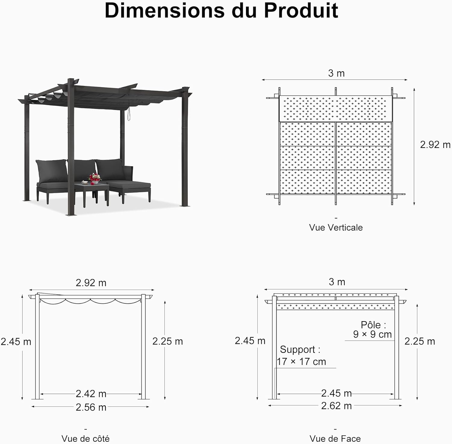 PURPLE LEAF Pergola rétractable extérieure avec abri de pergola en aluminium pour terrasse pare-soleil auvent pour terrasse d'arrière-cour
