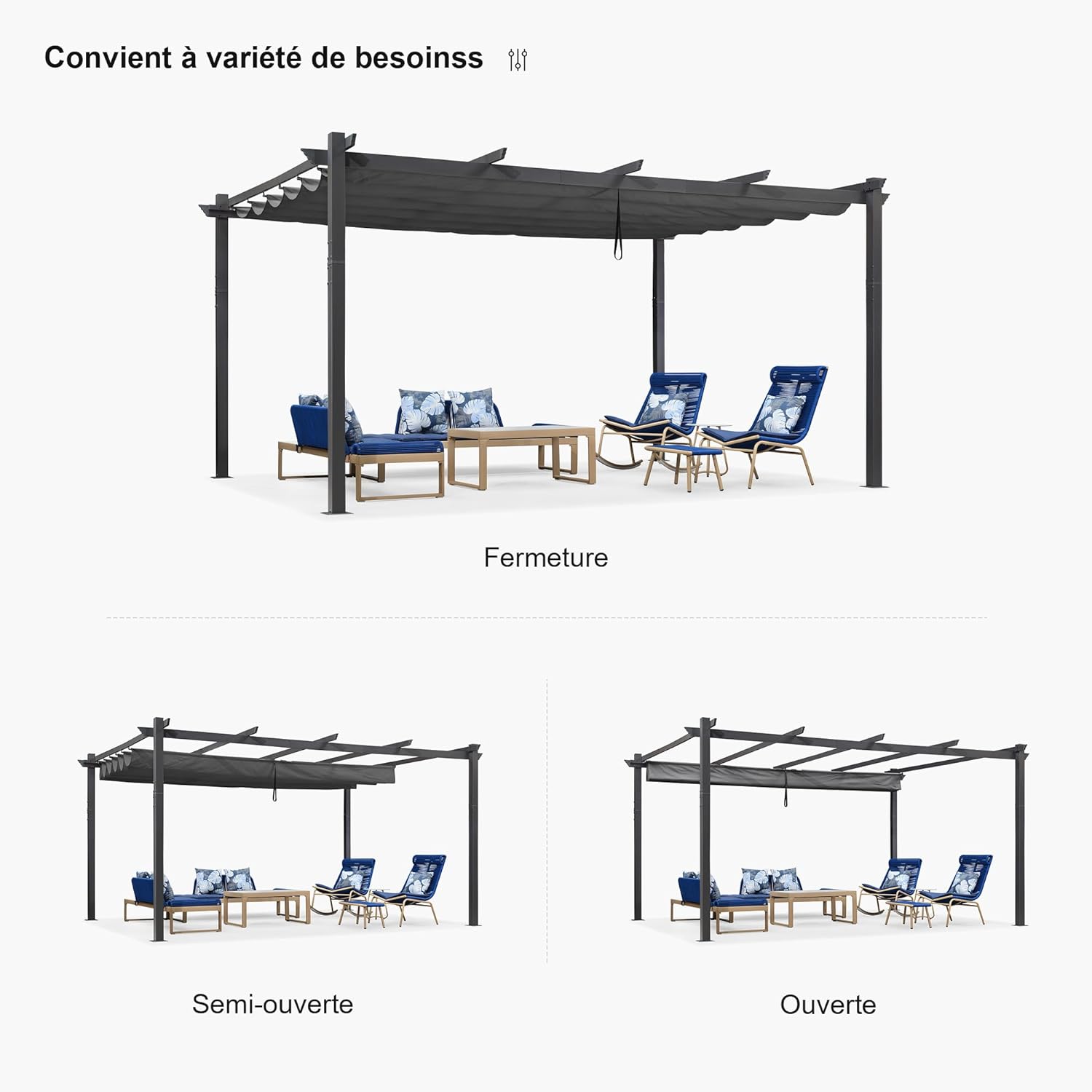 PURPLE LEAF Pergola Aluminium Tissu Teint en Fil Pergola pour Terrasse Exterieur, Toit Coulissante, Pavillon De Jardin