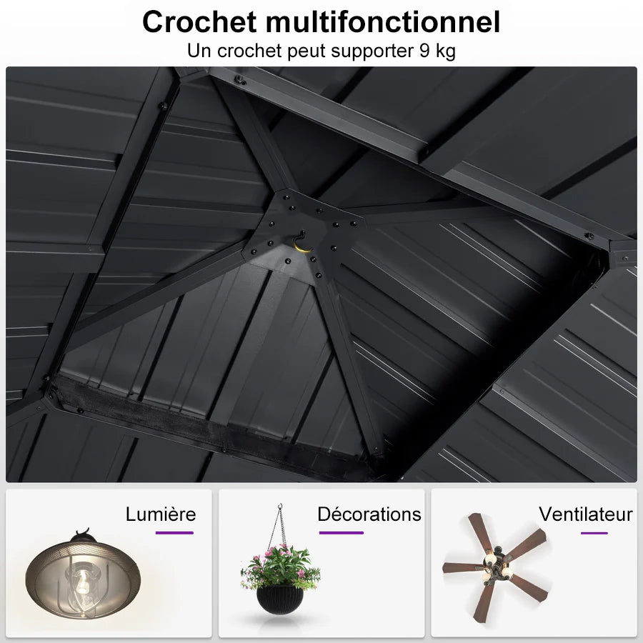 PURPLE LEAF Tonnelle De Jardin Exterieur Tonnelle Aluminum Avec Moustiquaire Et Rideaux Pavillon De Jardin à Double Toit Acier Galvanisé, Gris