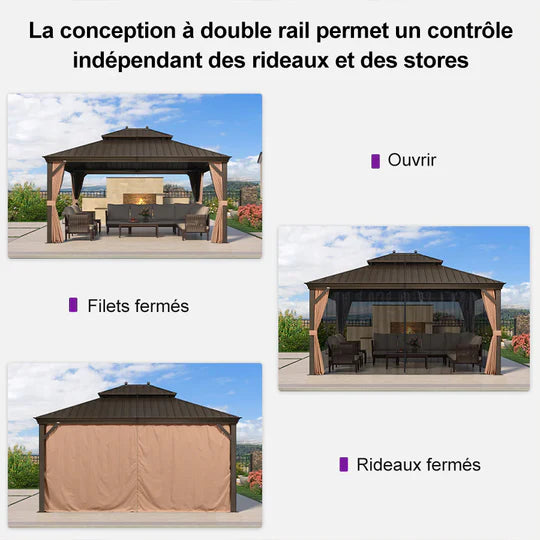 PURPLE LEAF Tonnelle de Jardin Avec Toit Rigide Double Toit de Bronze Pergola Aluminium, Avec Guirlande Lumineuse Blanc Lait