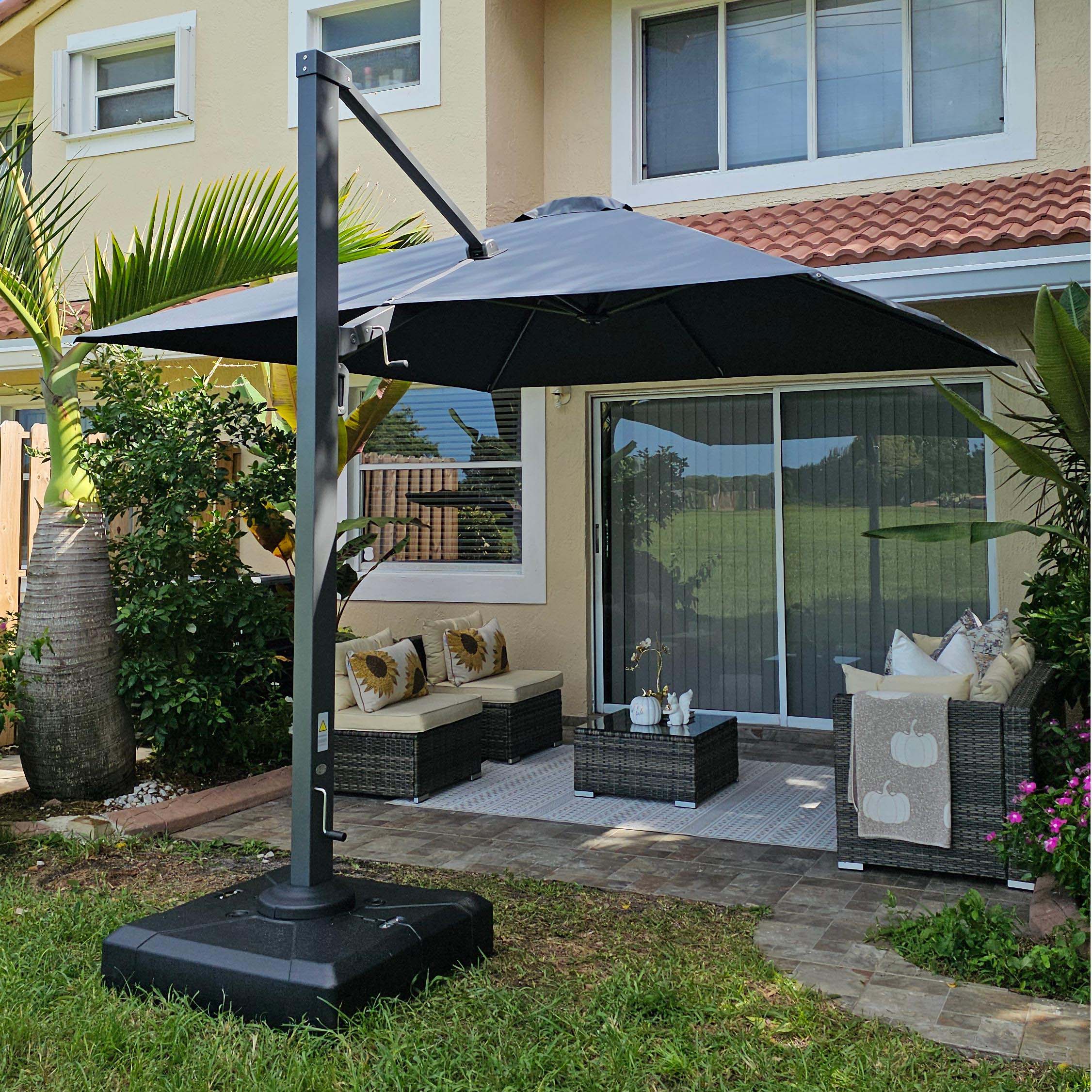 PURPLE LEAF Parasol Déporté Mégagrand Ultra-lourd à Manivelle avec Mât Ultra-Renforcé Parasol d'Extérieur de Jardin Carré