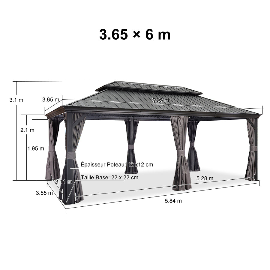 PURPLE LEAF Tonnelle De Jardin Exterieur Tonnelle Aluminum Avec Moustiquaire Et Rideaux Pavillon De Jardin à Double Toit Acier Galvanisé, Gris