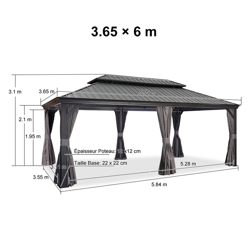 PURPLE LEAF Tonnelle De Jardin Exterieur Tonnelle Aluminum Avec Moustiquaire Et Rideaux Pavillon De Jardin à Double Toit Acier Galvanisé, Gris