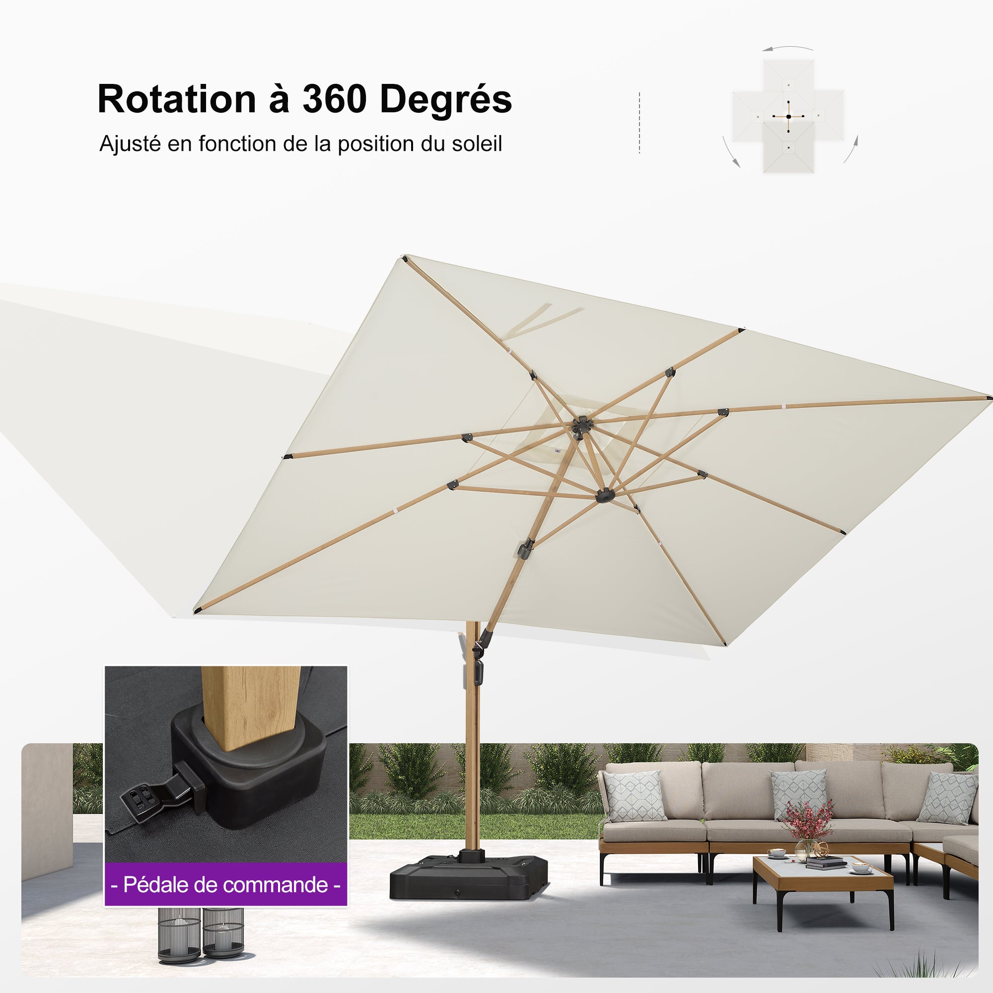 PURPLE LEAF Parasol Déporté Mégagrand à Motif Bois à Manivelle avec Mât Ultra-Renforcé Parasol d'Extérieur de Jardin Carré Rectangle