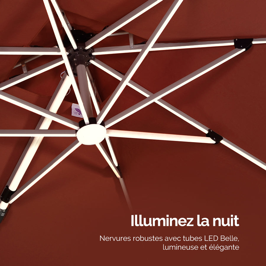 PURPLE LEAF Parasol De Jardin Extérieur Rond avec LED, Parasol Déporté avec Manivelle, Parasol Excentré Inclinable