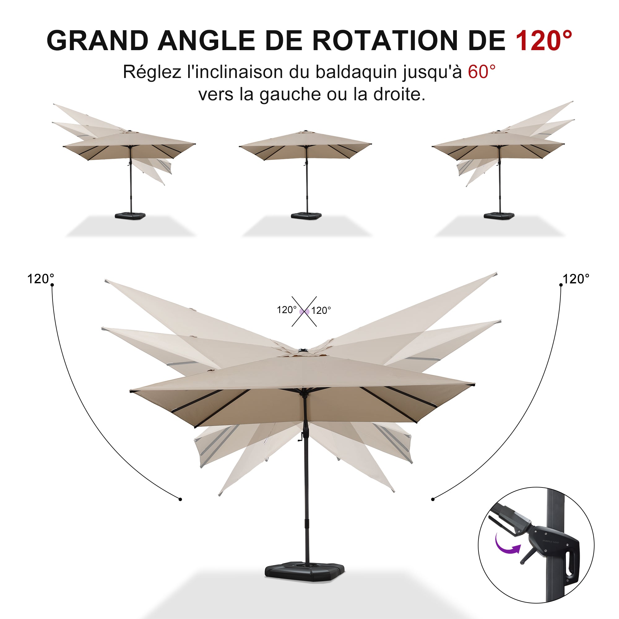 PURPLE LEAF Parasol Déporté Inclinable Gauche Droite Carré, Parasol De Jardin Extérieur avec 5 Positions réglables et Rotation à 360°, Toile Protection UV