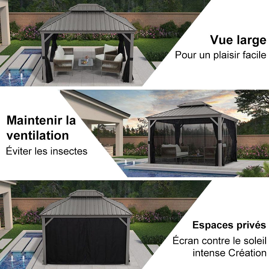 PURPLE LEAF Tonnelle de Jardin Pour Terrasse, Abris de Soleil Avec Toit Rigide en Acier Galvanisé, Equipée de Rideaux, Gris Clair