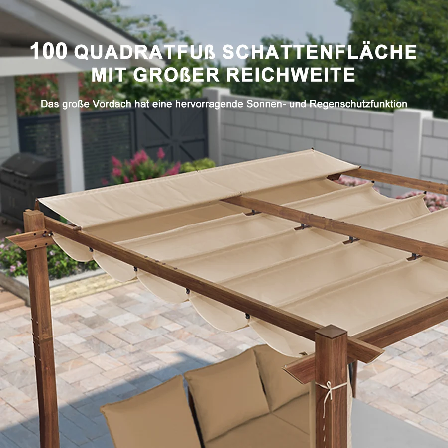 PURPLE LEAF Pergola Rétractable Extérieure Effet Bois en Métal avec Auvent Pare-Soleil pour Jardin Patio Porche Pavillon Avec Guirlandes Lumineuses Transparentes