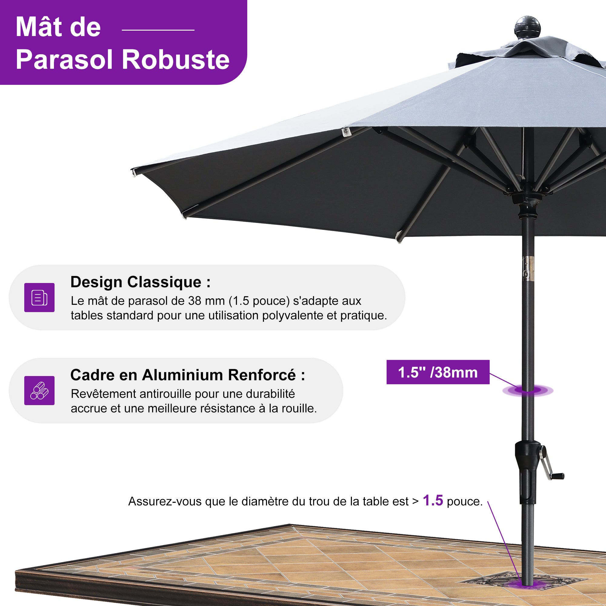 PURPLE LEAF Parasol inclinable en aluminium à mât droit, Carré, Rectangulaire et Rond, Avec Socle