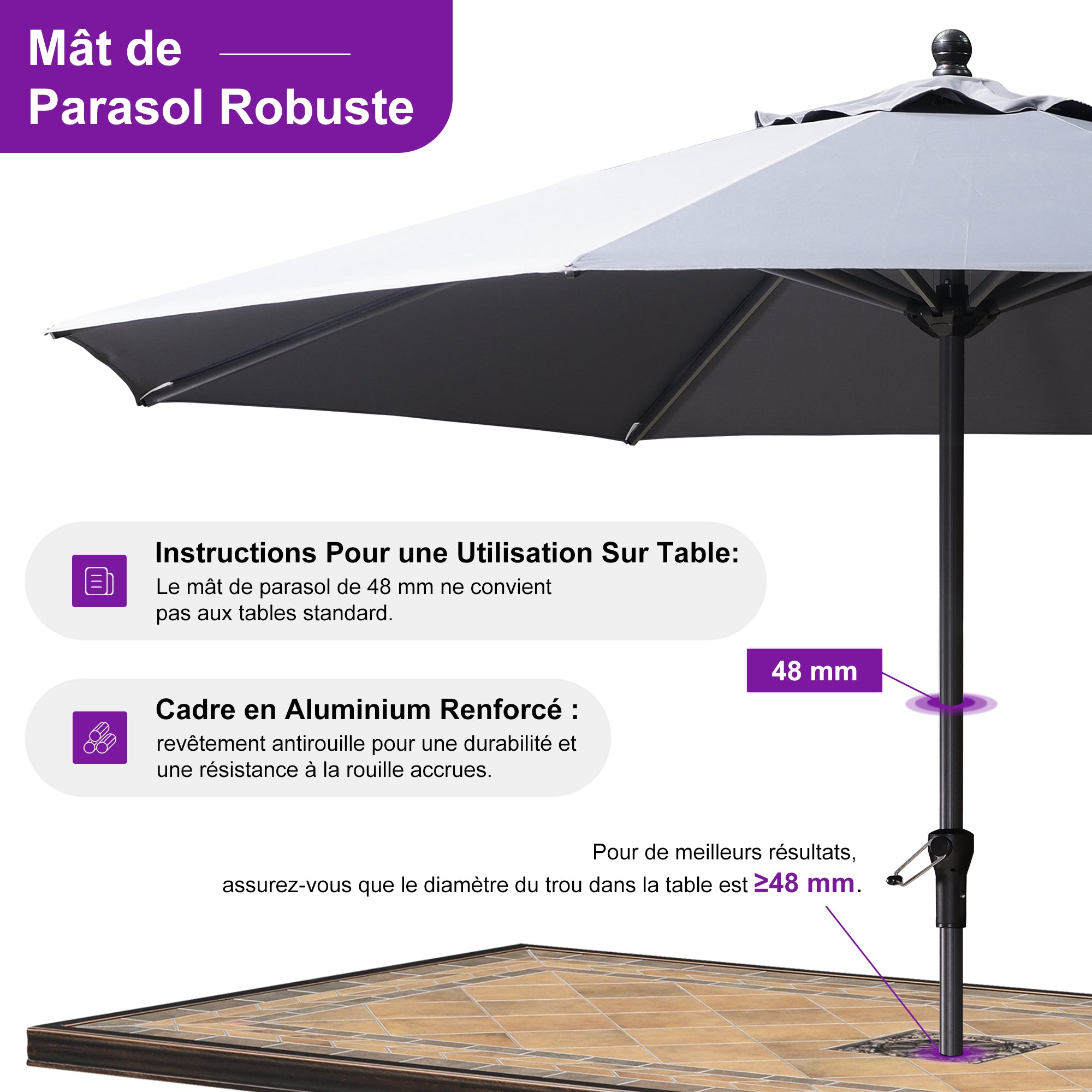 PURPLE LEAF Parasol en Aluminium à Mât Droit, Parasol d'Extérieur,Convient aux Jardins, Terrasses et abords de  Piscine ,Avec Socle