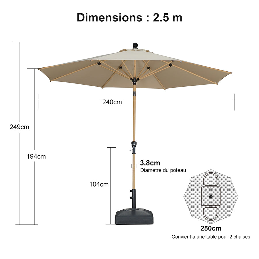 PURPLE LEAF Parasol Droit Inclinable Grain de Bois de Marché Carré Rectangle Rond avec socle
