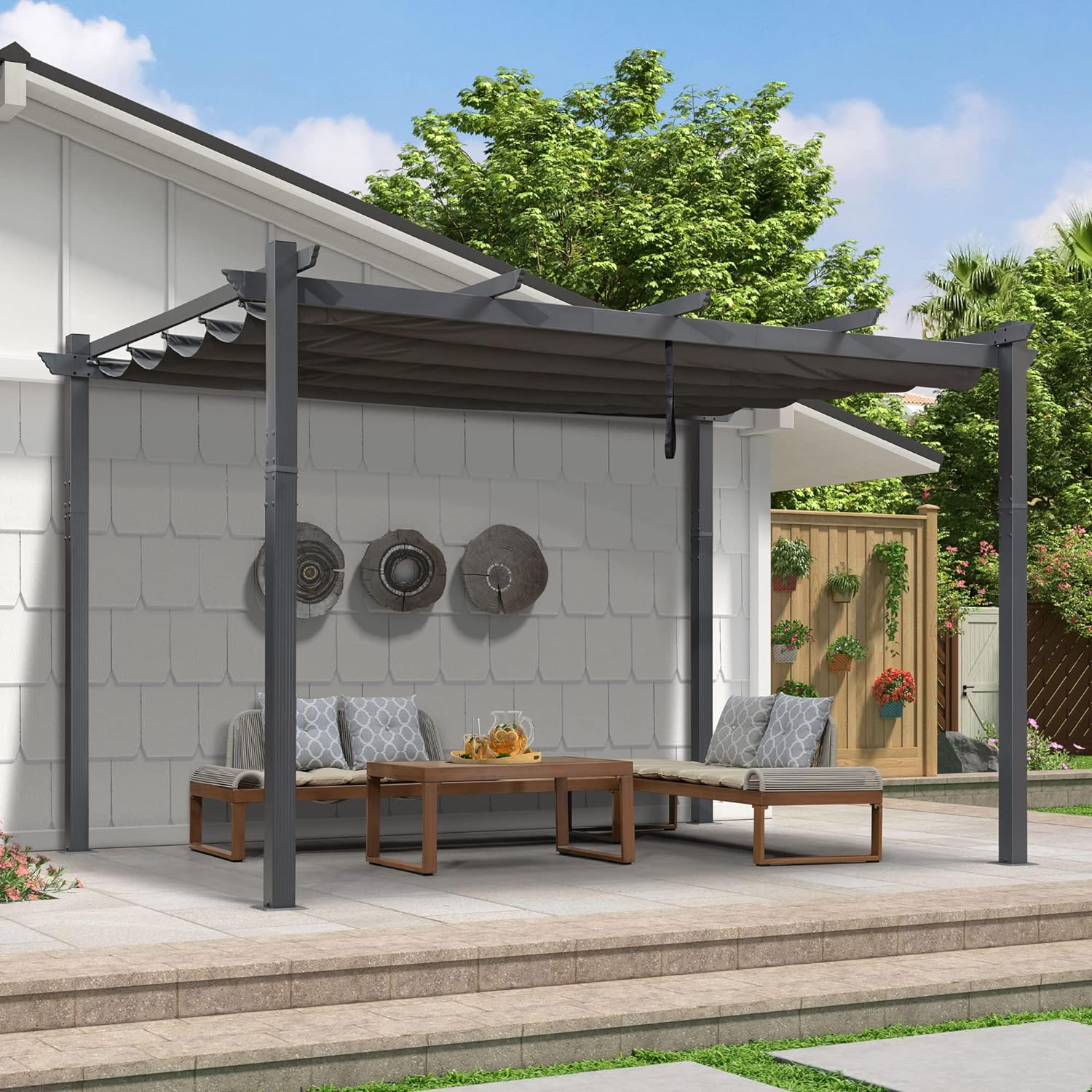 PURPLE LEAF Pergola Aluminium Tissu Teint en Fil Pergola pour Terrasse Exterieur, Toit Coulissante, Pavillon De Jardin
