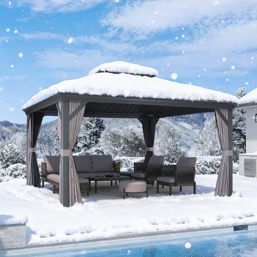 PURPLE LEAF Tonnelle De Jardin Exterieur Tonnelle Aluminum Avec Moustiquaire Et Rideaux Pavillon De Jardin à Double Toit Acier Galvanisé, Gris