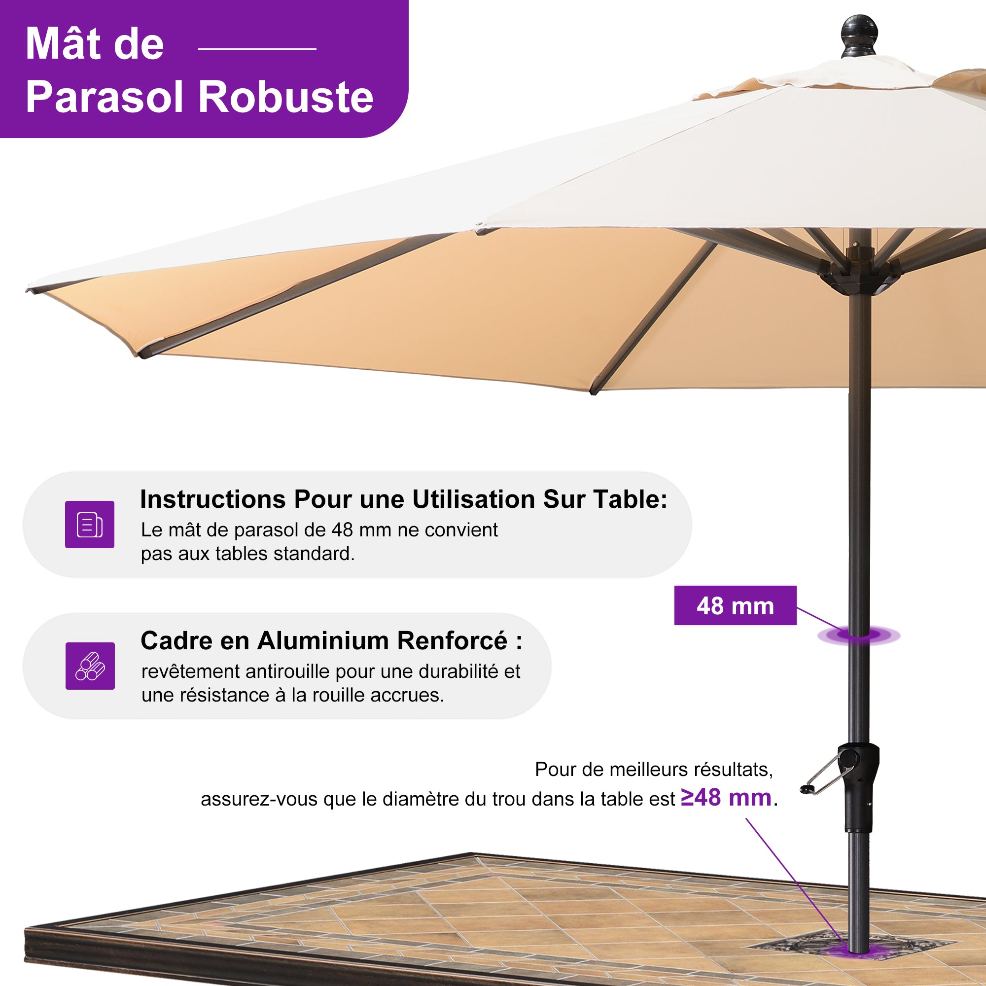 PURPLE LEAF Parasol en Aluminium à Mât Droit, Parasol d'Extérieur,Convient aux Jardins, Terrasses et abords de  Piscine ,Avec Socle