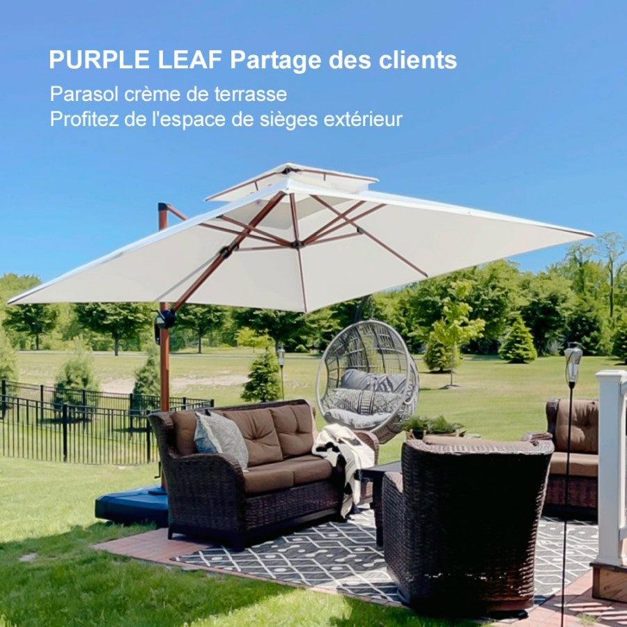 PURPLE LEAF Parasol Déporté Inclinable Grain de Bois en Aluminium Parasol De Jardin Extérieur Toit à Double Rotatif 360°