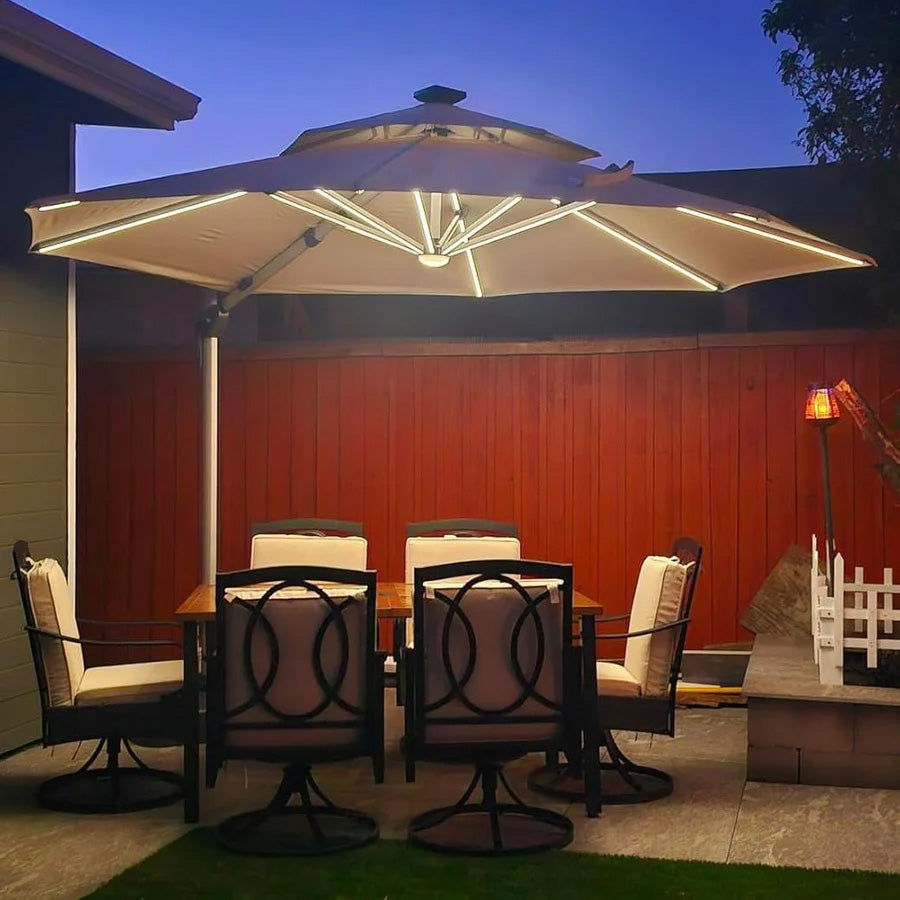 PURPLE LEAF Parasol De Jardin Extérieur Rond avec LED, Parasol Déporté avec Manivelle, Parasol Excentré Inclinable