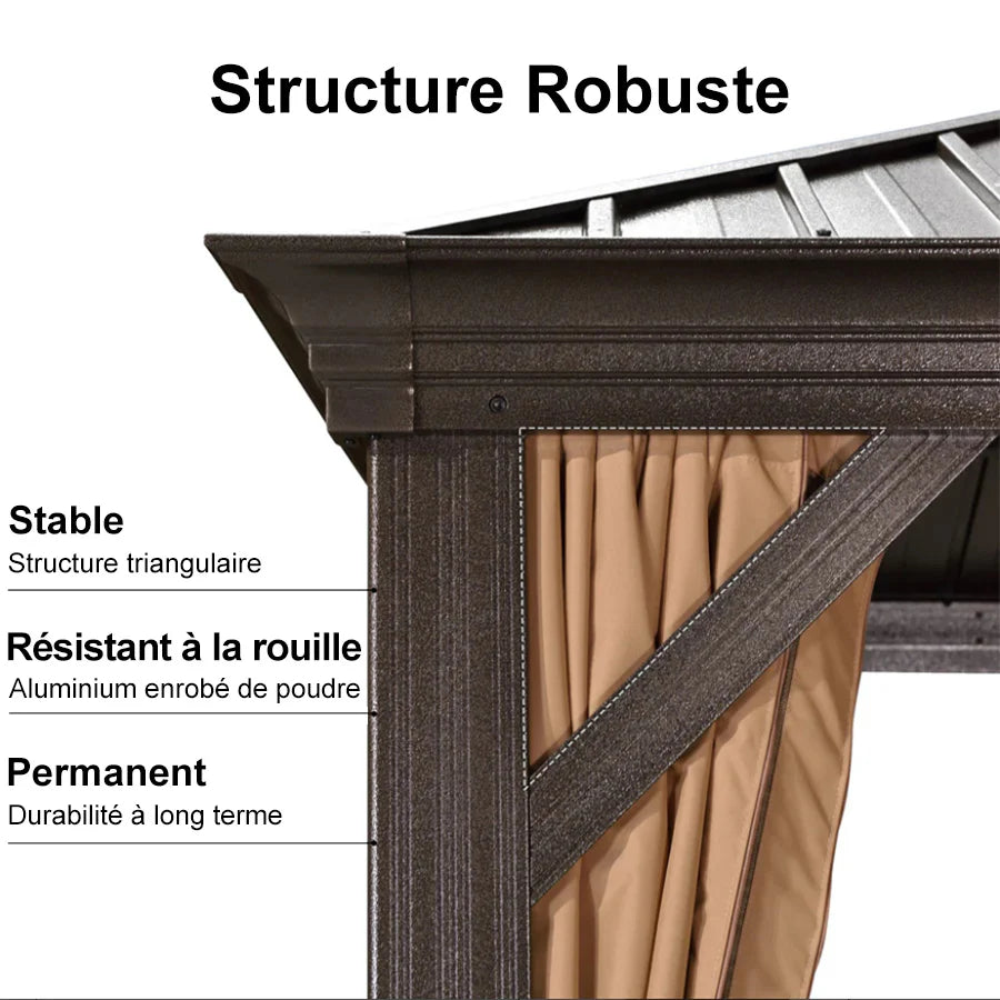 PURPLE LEAF Tonnelle de Jardin, Toit Double en Acier Galvanisé, Avec Rideaux Améliorés et Guirlandes Lumineuses Transparentes, Bronze