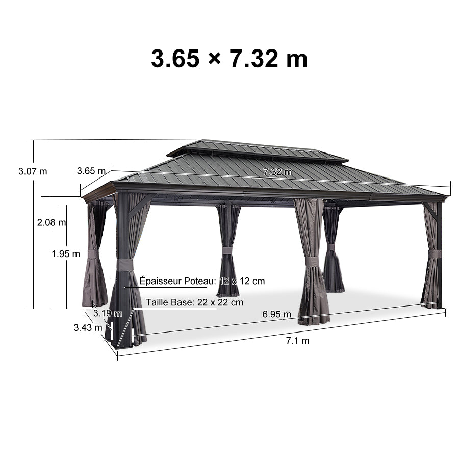 PURPLE LEAF Tonnelle De Jardin Exterieur Tonnelle Aluminum Avec Moustiquaire Et Rideaux Pavillon De Jardin à Double Toit Acier Galvanisé, Gris