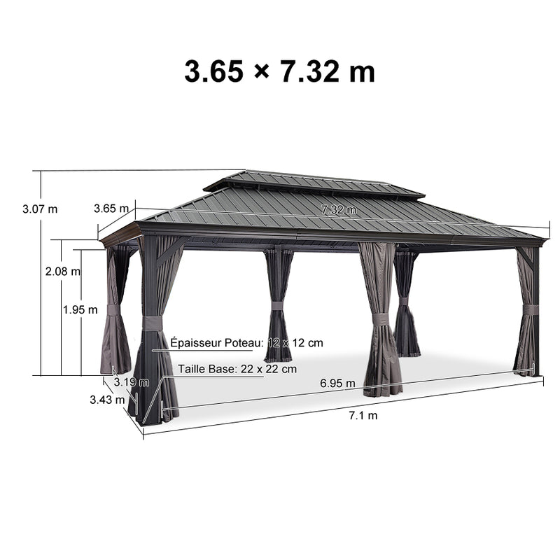 PURPLE LEAF Tonnelle De Jardin Exterieur Tonnelle Aluminum Avec Moustiquaire Et Rideaux Pavillon De Jardin à Double Toit Acier Galvanisé, Gris