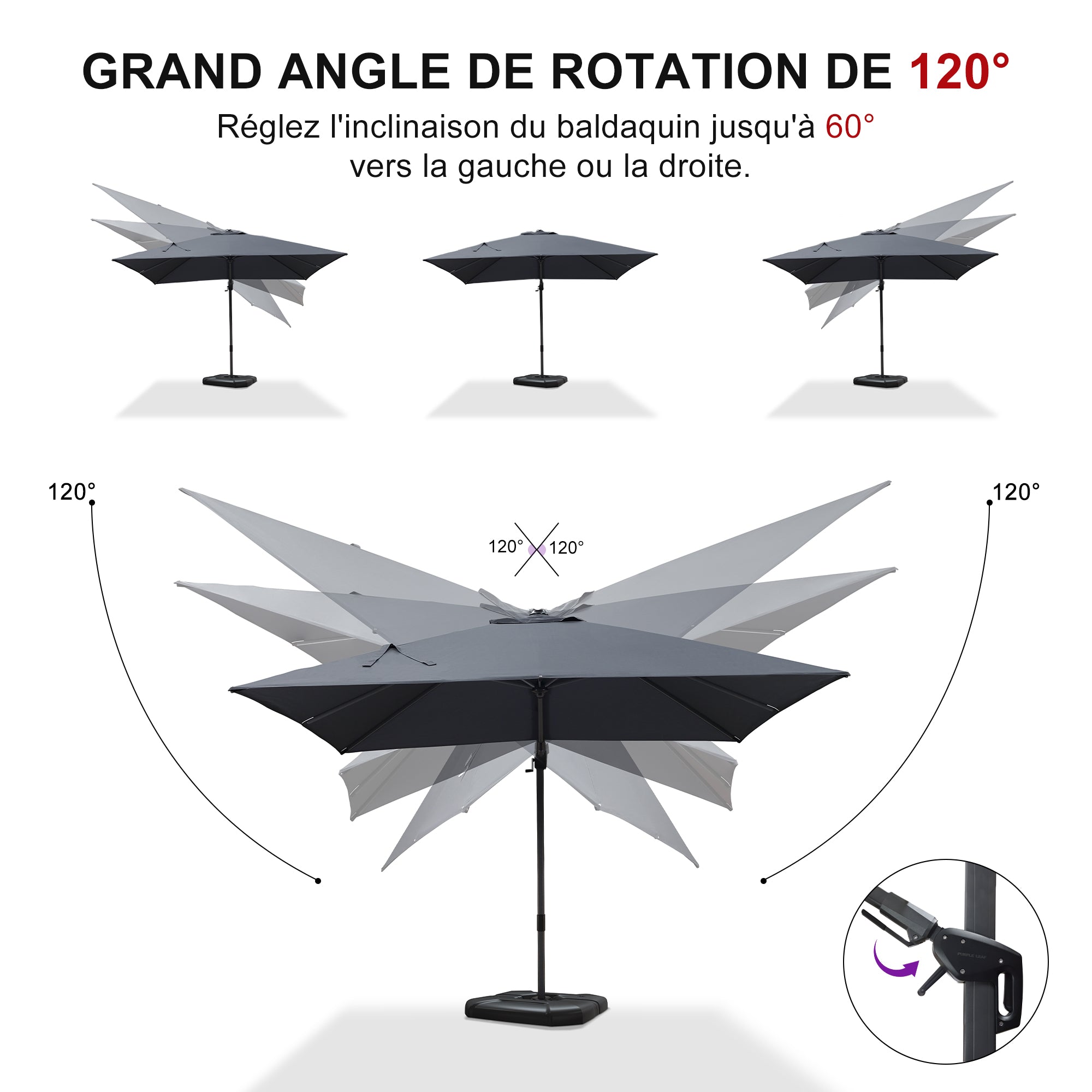 PURPLE LEAF Parasol Déporté Inclinable Gauche Droite Carré, Parasol De Jardin Extérieur avec 5 Positions réglables et Rotation à 360°, Toile Protection UV