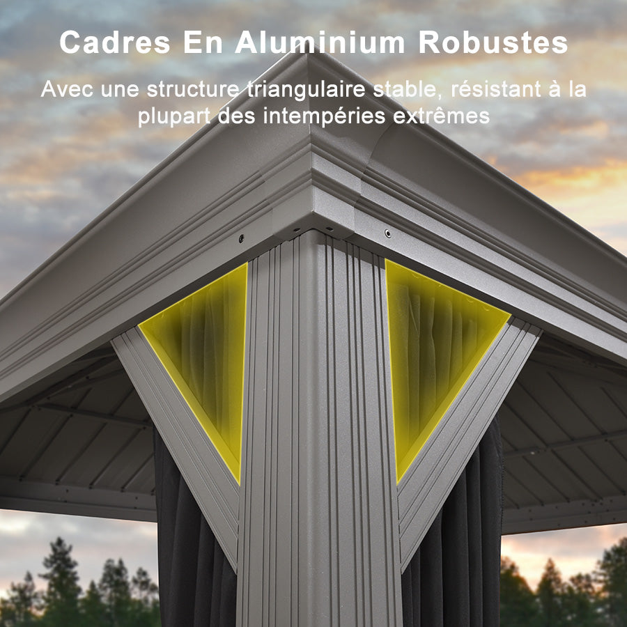 PURPLE LEAF Tonnelle de Jardin Pour Terrasse, Abris de Soleil Avec Toit Rigide en Acier Galvanisé, Equipée de Rideaux, Gris Clair