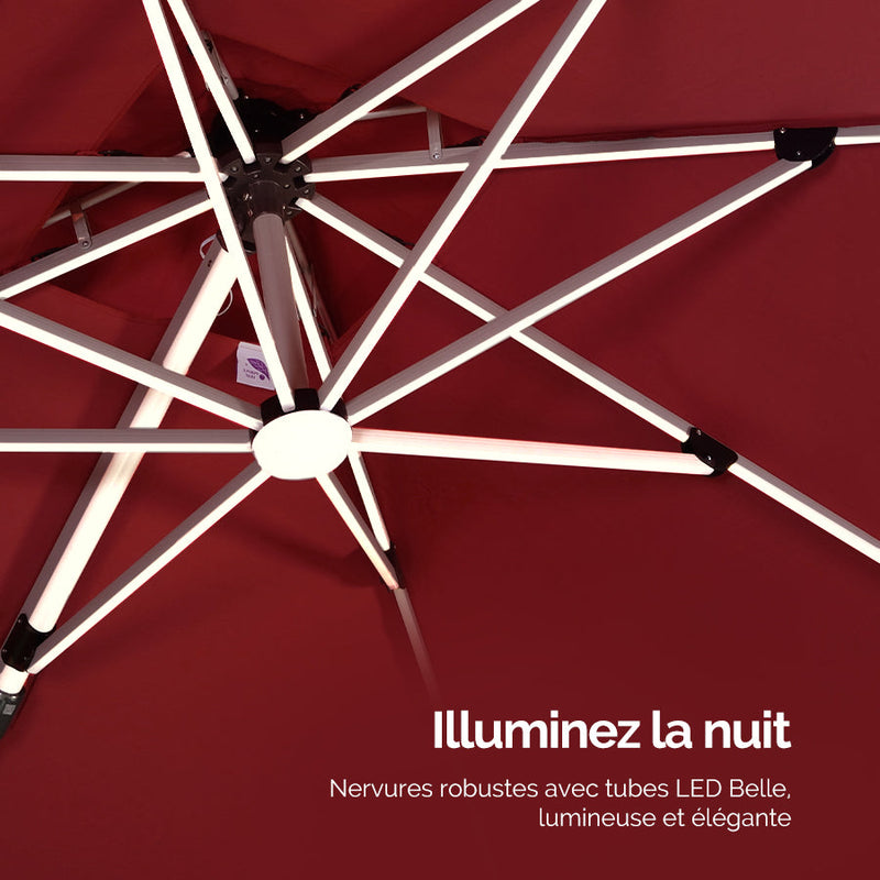 PURPLE LEAF Parasol de jardin extérieur rond avec LED, avec manivelle, inclinable, avec socle