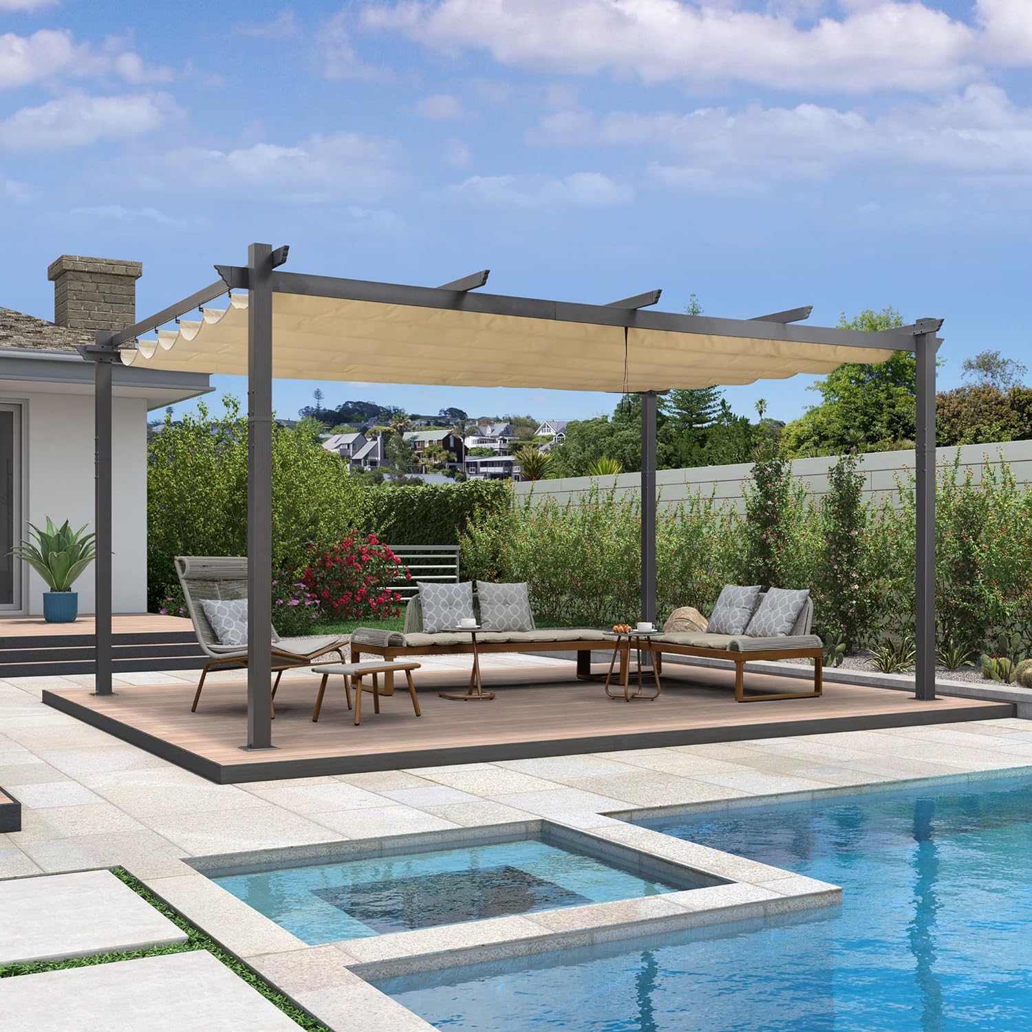 PURPLE LEAF Pergola Aluminium Tissu Teint en Fil Pergola pour Terrasse Exterieur, Toit Coulissante, Pavillon De Jardin