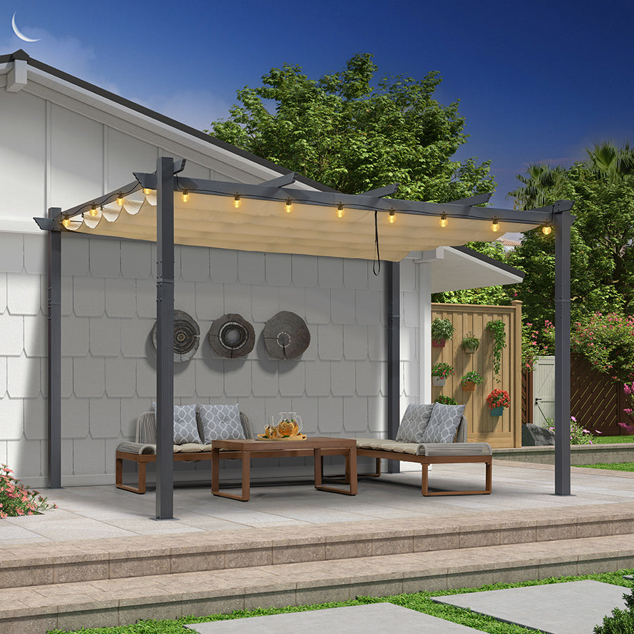 PURPLE LEAF Pergola Aluminium Tissu Teint en Fil avec Guirlande Lumineuse à Ampoules Transparentes Pergola pour Terrasse Exterieur Toit Coulissante Pavillon De Jardin