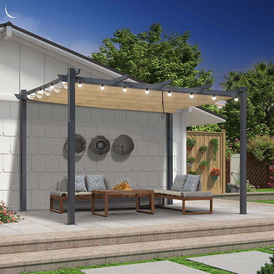 PURPLE LEAF Pergola Aluminium Tissu Teint en Fil Pergola pour Terrasse Exterieur, Toit Coulissante, Pavillon De Jardin Guirlande Lumineuse Blanc Lait