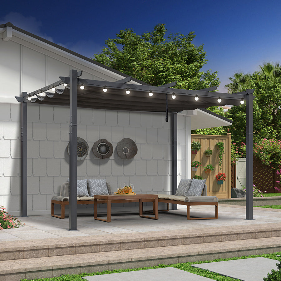 PURPLE LEAF Pergola Aluminium Tissu Teint en Fil Pergola pour Terrasse Exterieur, Toit Coulissante, Pavillon De Jardin Guirlande Lumineuse Blanc Lait